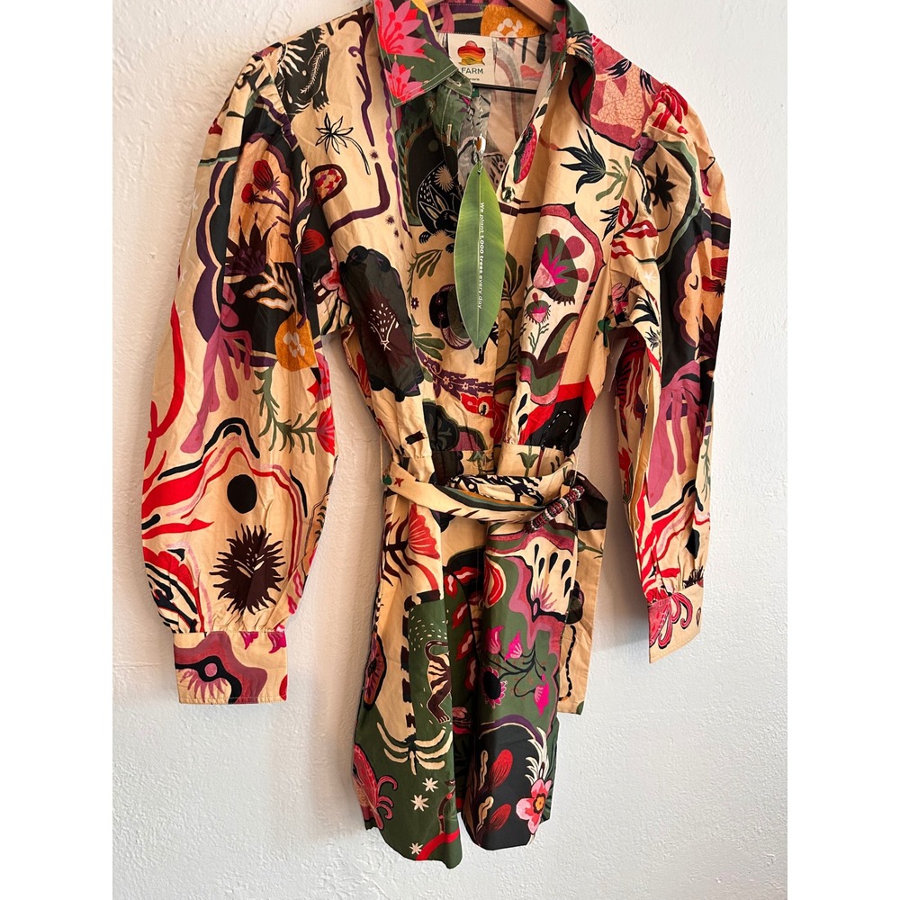 Farm Rio Surreal Belted Long Sleeve Mini Dress Artsy Land Beige M NEW - Picture 3 of 8
